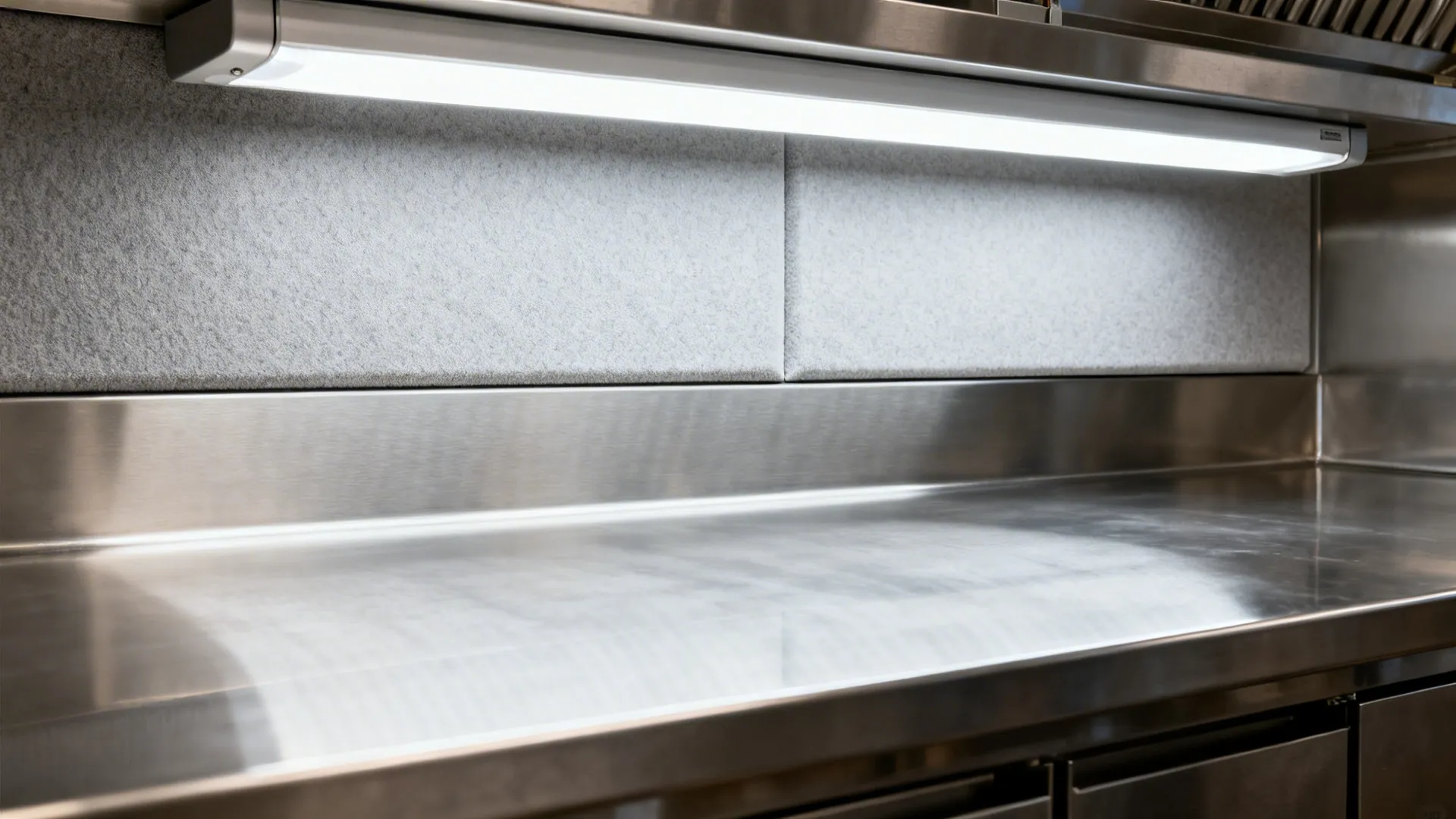 Bright light fixture installed under a stainless steel kitchen wall shelf above a clean surface