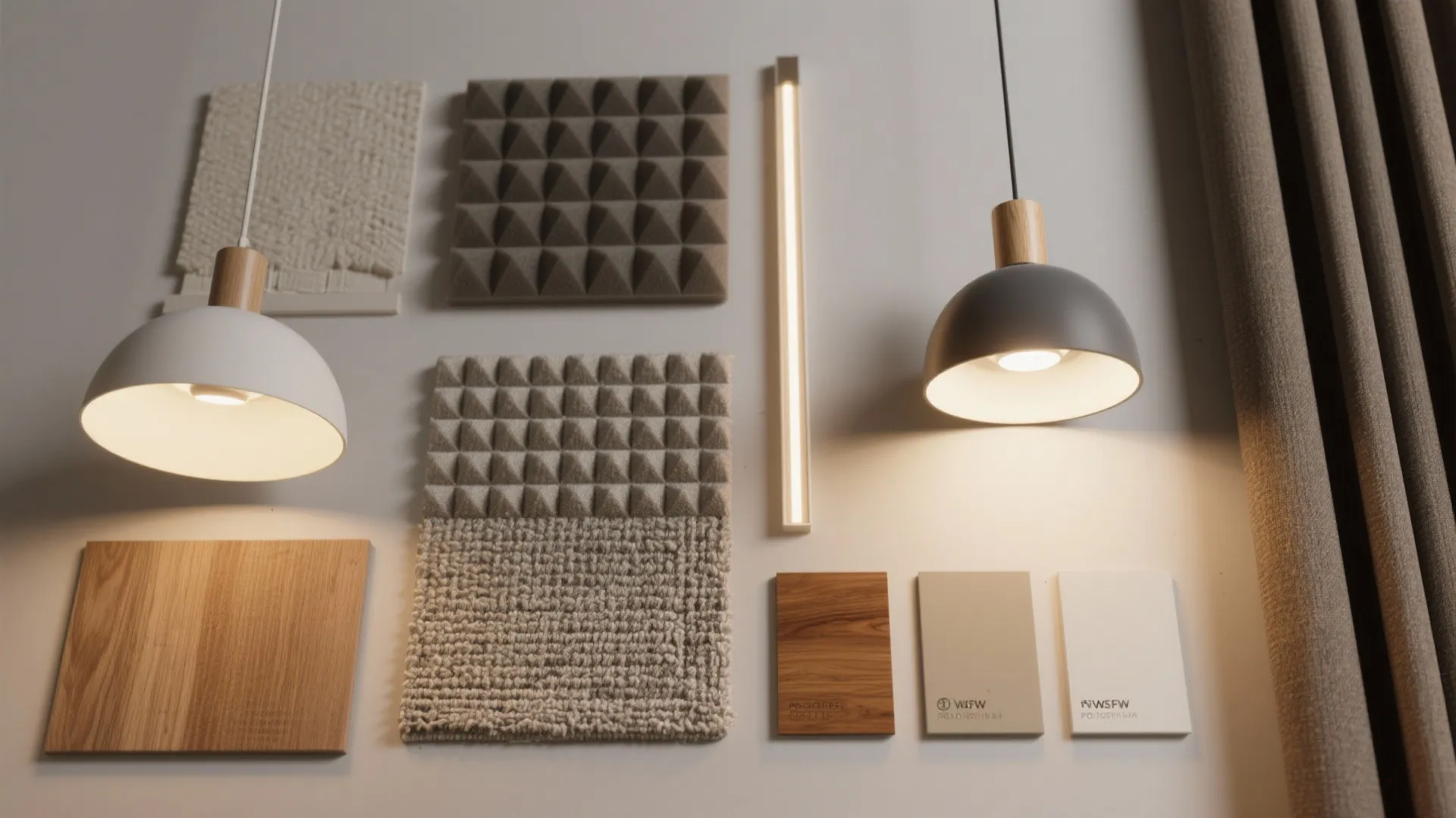 Material flatlay showing lighting fixtures and acoustic materials for layered light and sound control.