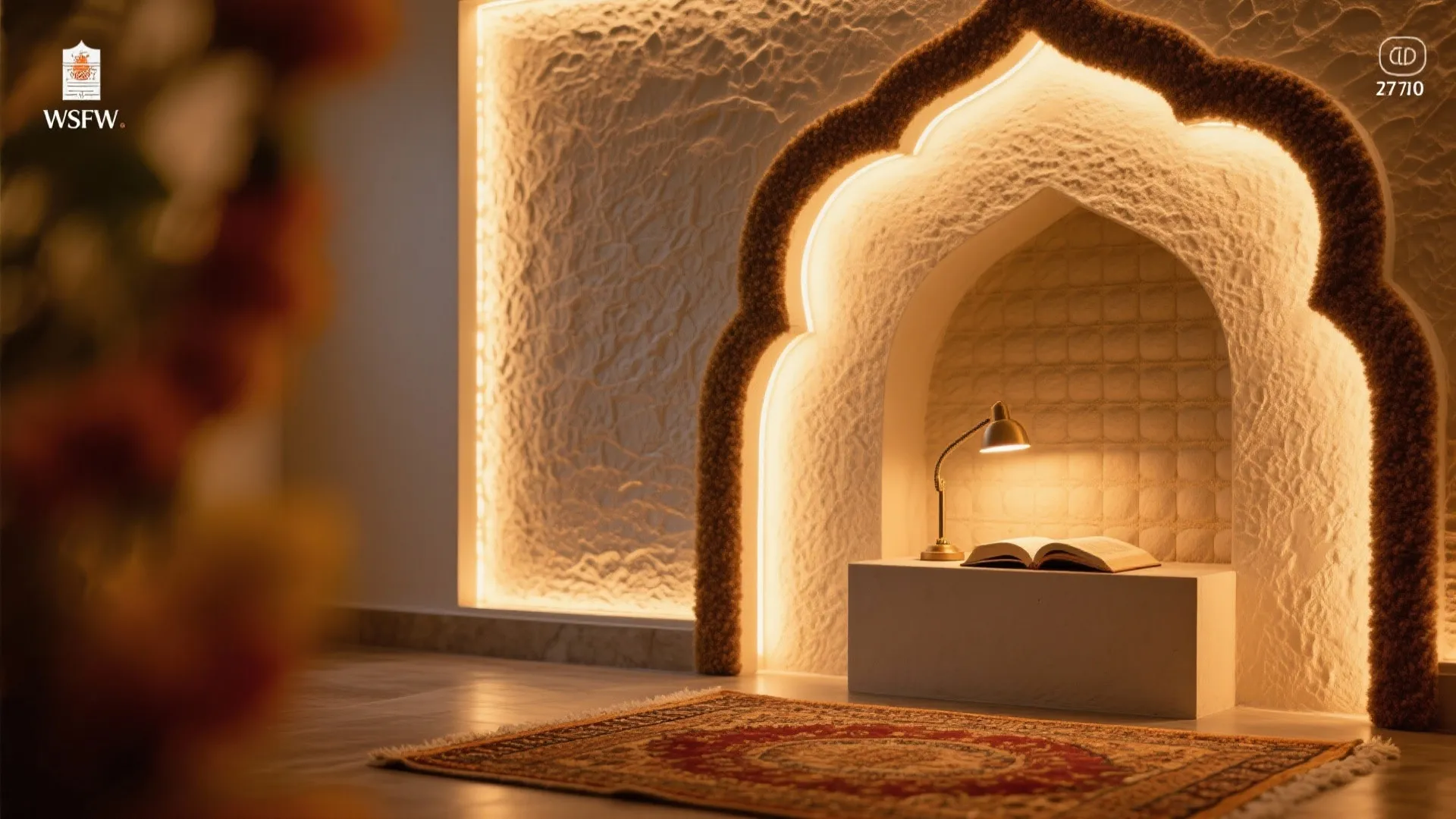 Close-up of warm layered lighting and acoustic felt near a pooja partition to improve comfort.