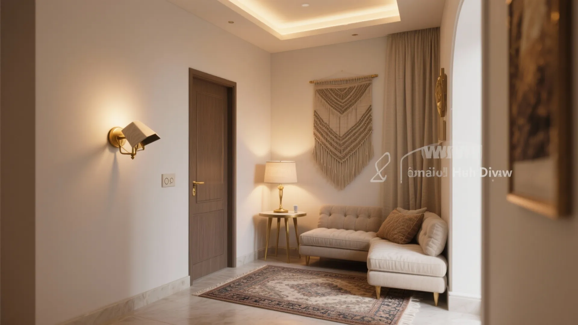 Diwan corner with layered warm lighting, thicker rug, and fabric wall hanging.