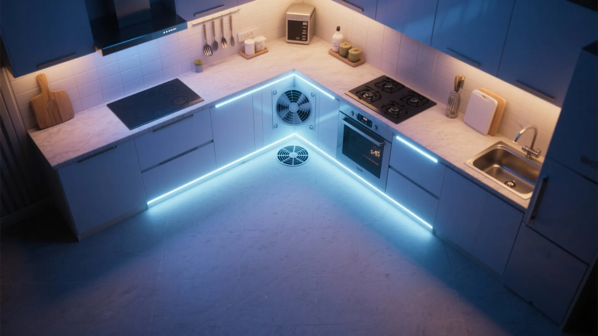 Modern L-shaped kitchen with blue cabinets white marble countertops blue strip lighting and a fan