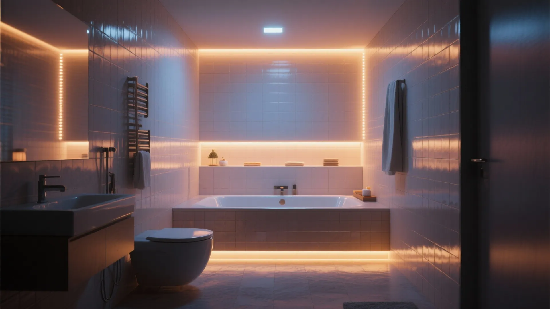Modern bathroom with a bathtub toilet sink and orange warm light glowing from the wall
