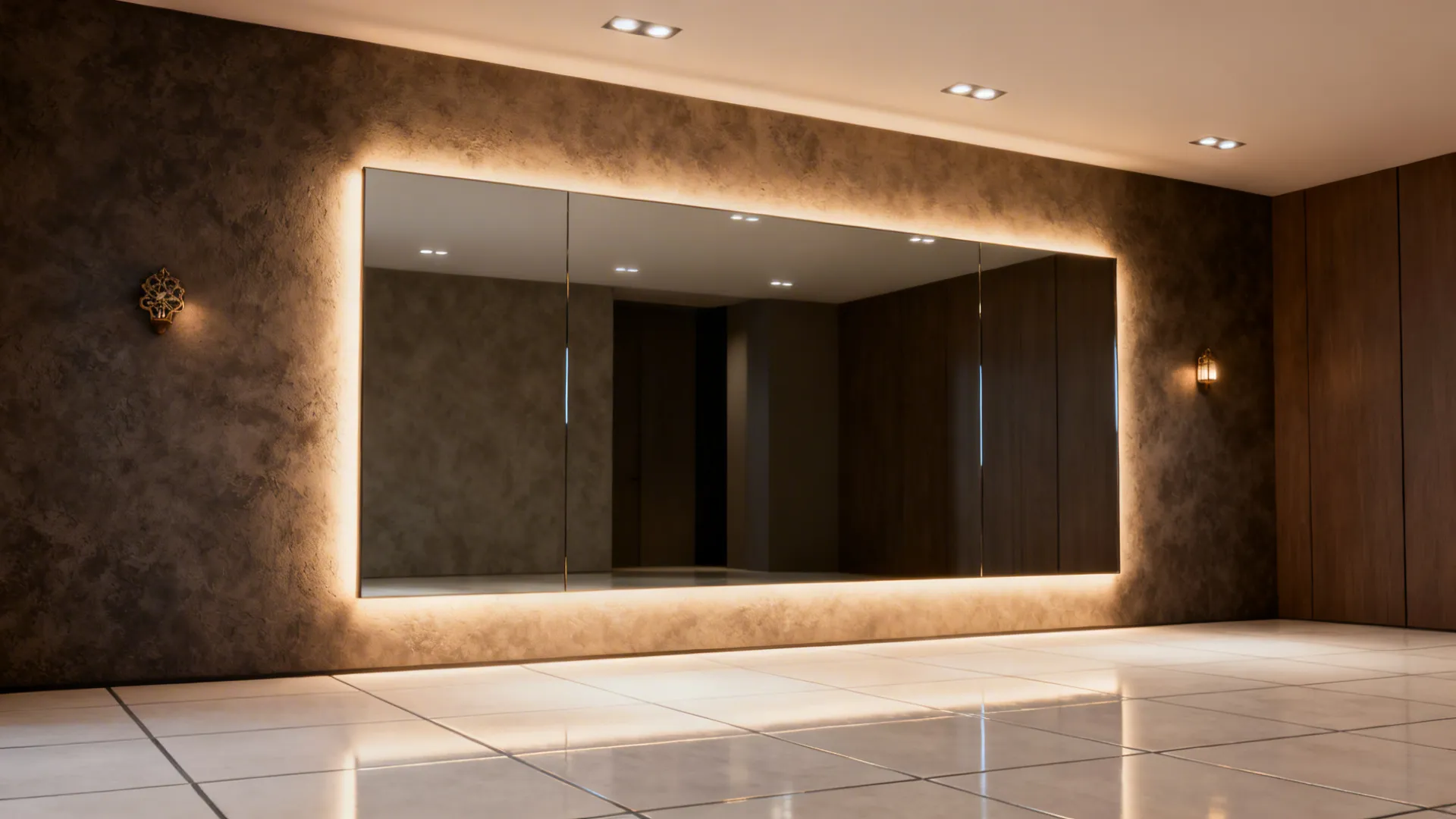 Layered lighting with backlit mirror and recessed lights on light tile floor
