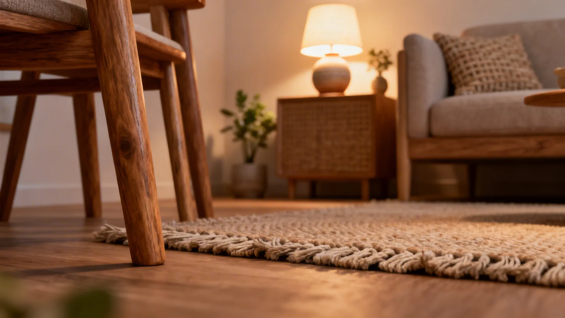Close-up of exposed furniture legs, textured rug edge and warm lamp lighting for scale and airiness.