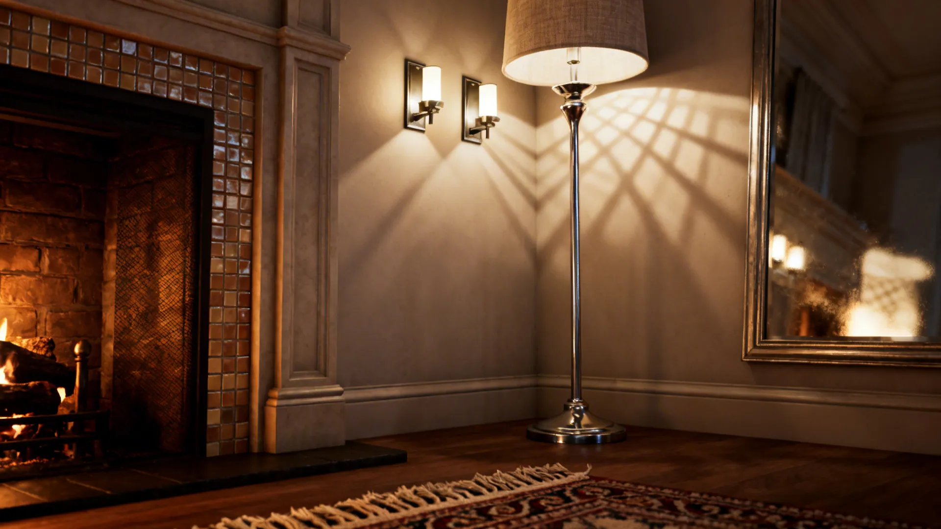 Wall sconces, floor lamp and reflective surfaces balancing light around a corner fireplace