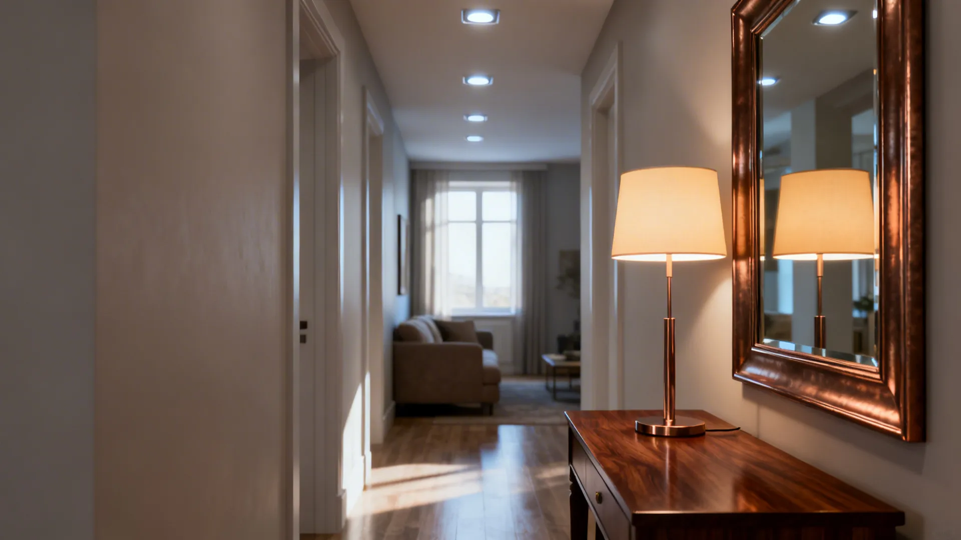 Narrow hallway featuring a wooden table, table lamp, wall mirror, ceiling lights, and distant sofa