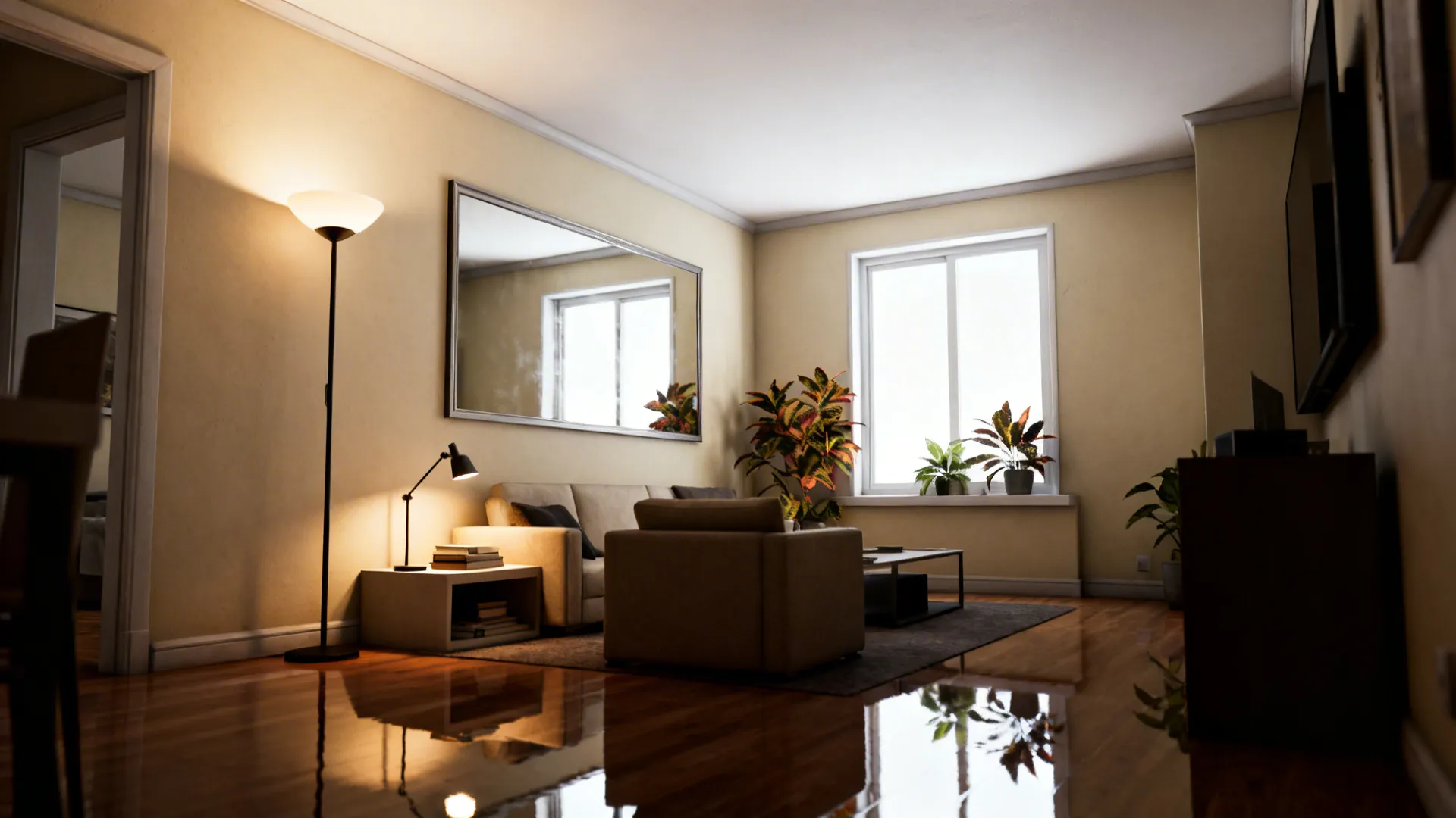 Layered lighting and a large mirror brightening a small living room.