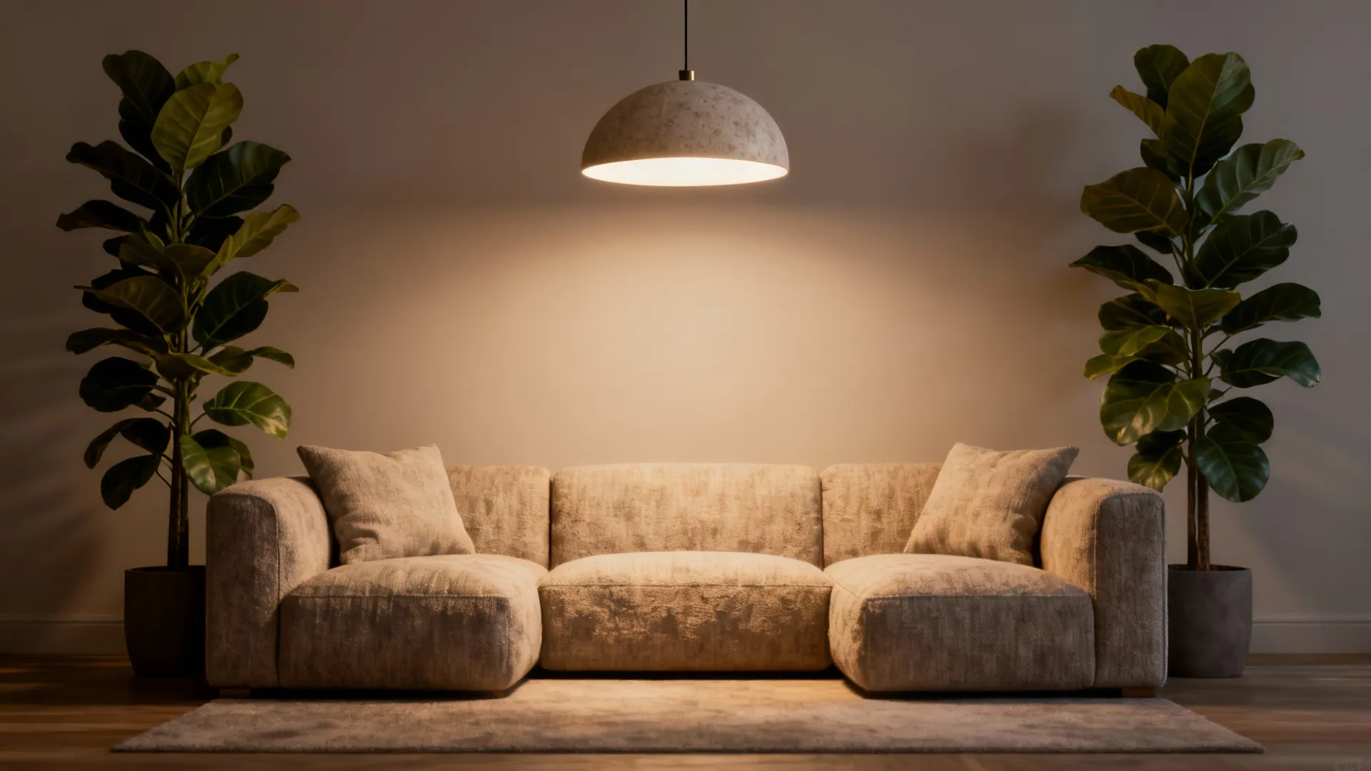 Pendant light and tall plants framing a floated sofa creating a cozy nook.