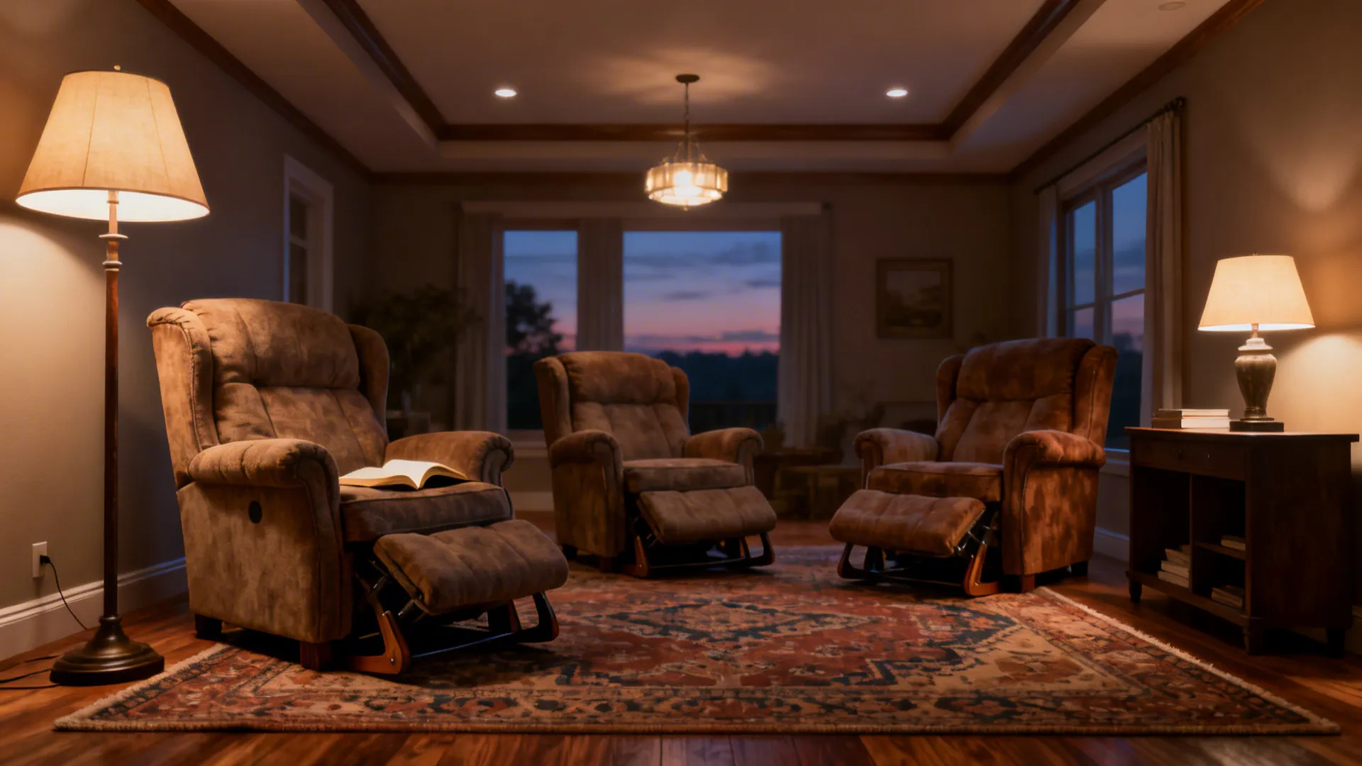 Layered lighting and a large rug anchoring a three-piece reclining set for a cozy, unified zone.