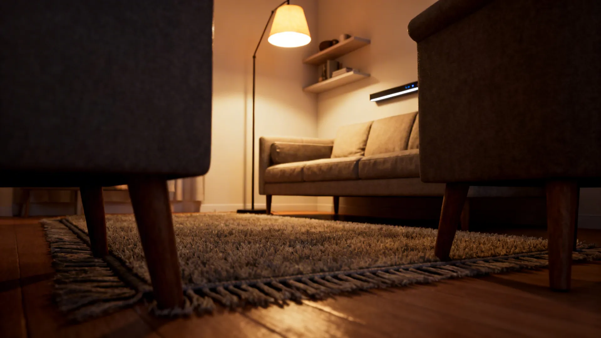 Layered lighting and long low rug unifying sofa and chairs in a small living room.