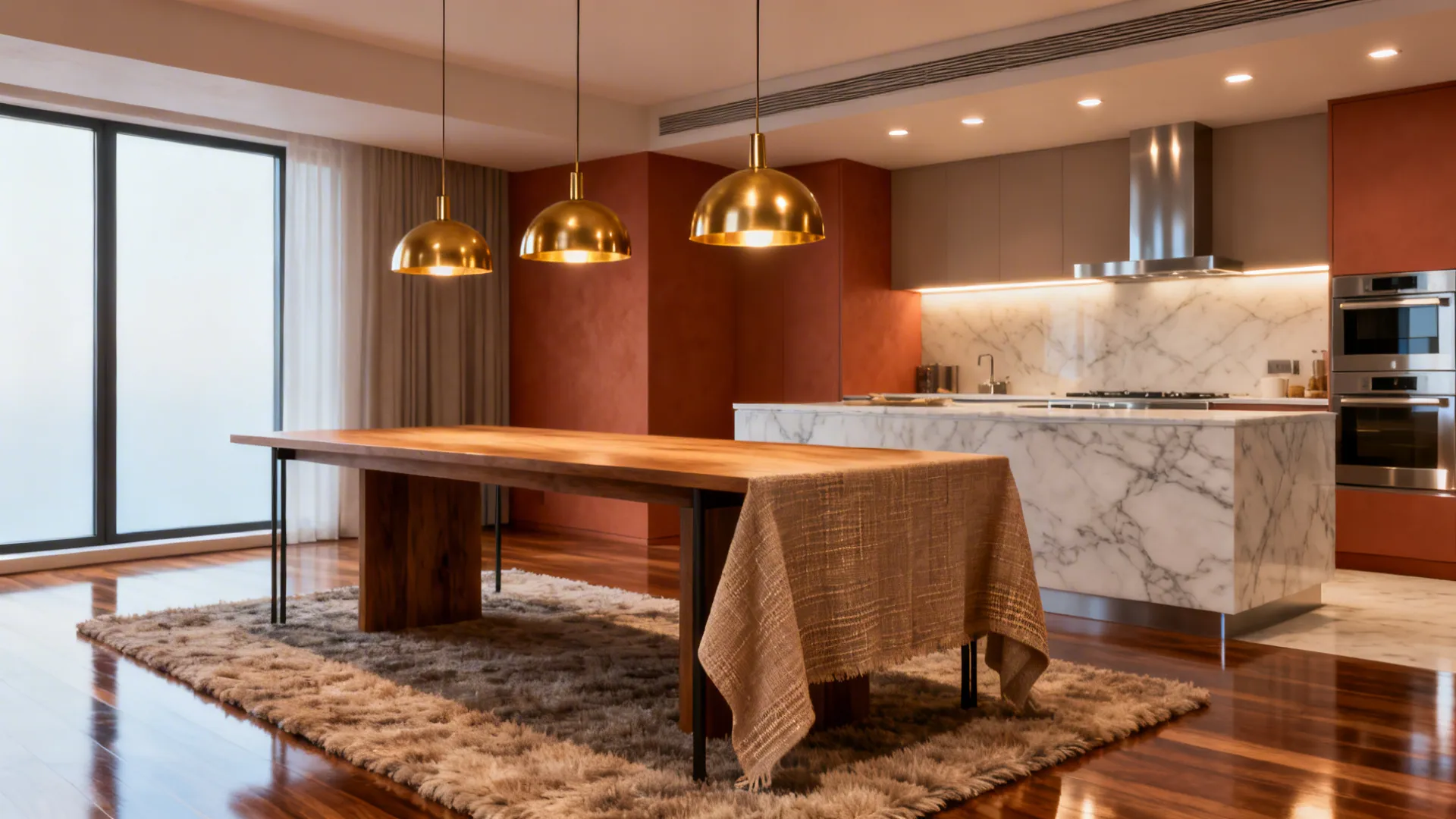 Dining nook defined by a textured rug and low-hung pendant lights beside the kitchen prep area.