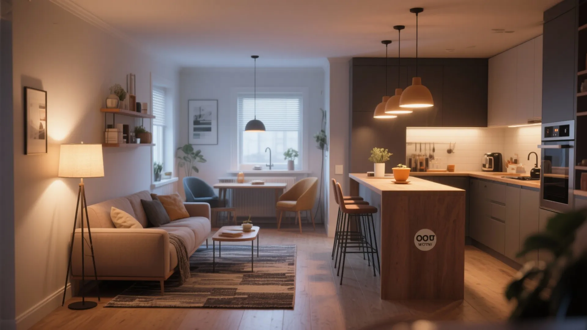 Zoned open-plan space with pendant lights over a bar and a rug anchoring the seating area.