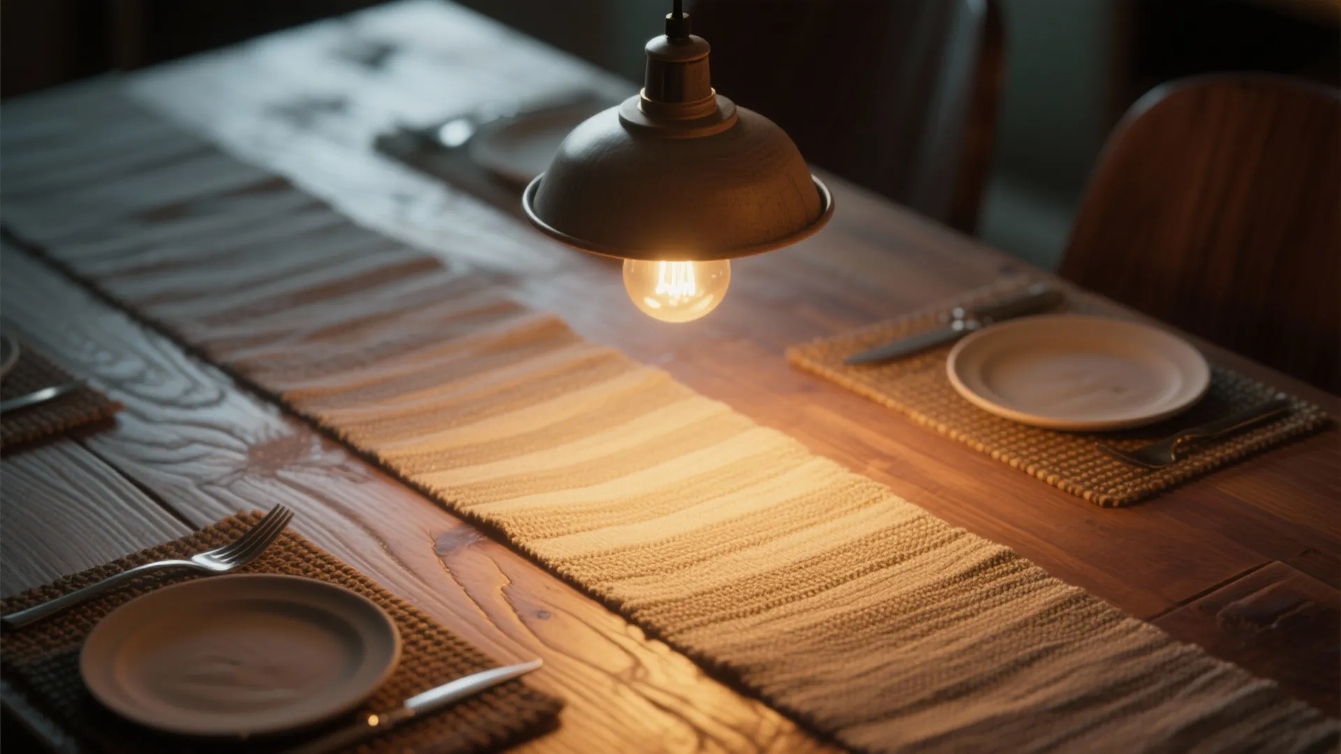 Close up of a wooden dining table with plates cutlery and a warm hanging light