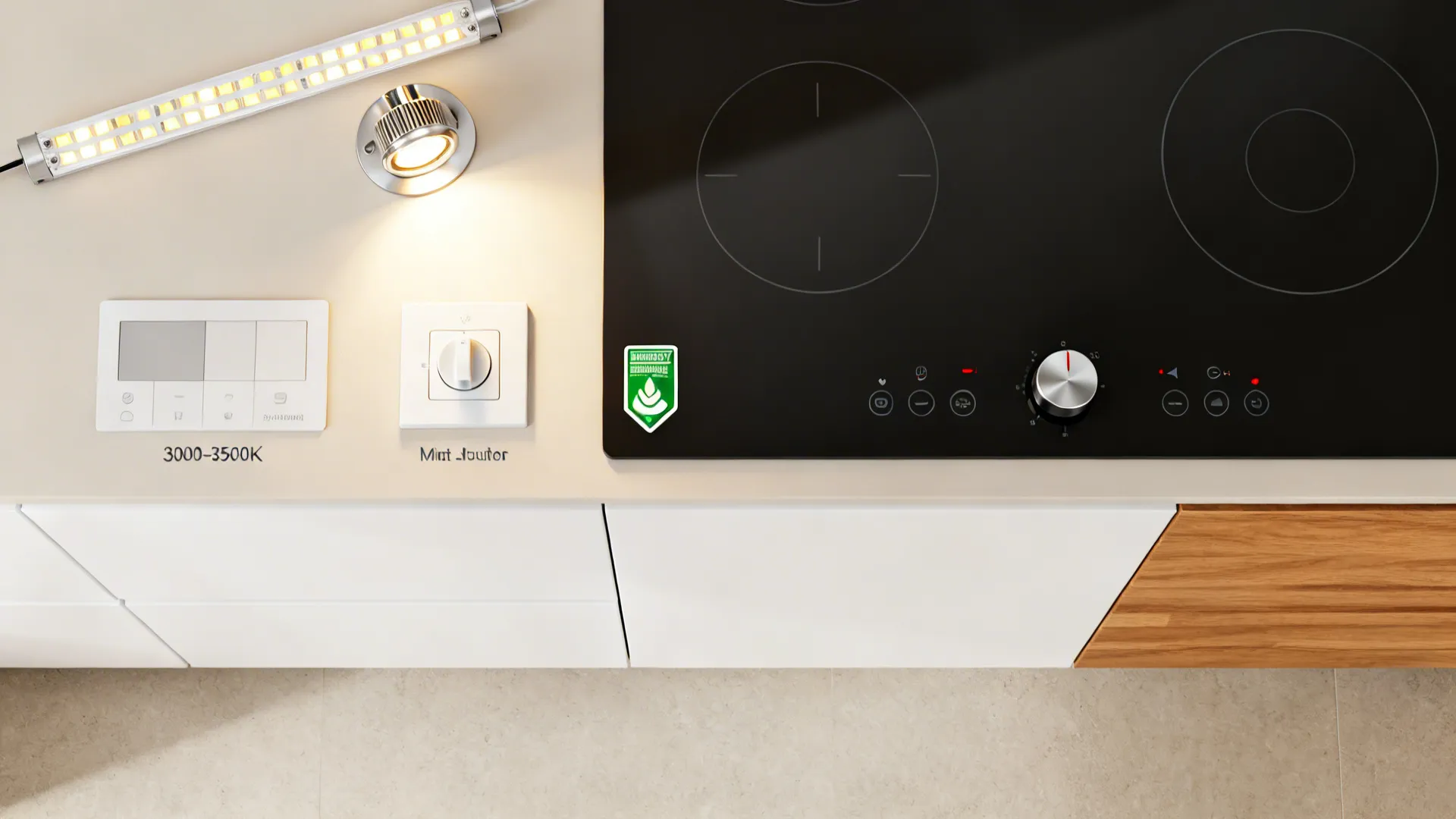 Top-down flat lay with LED strip, dimmer control, ceiling fixture detail, and induction control area.