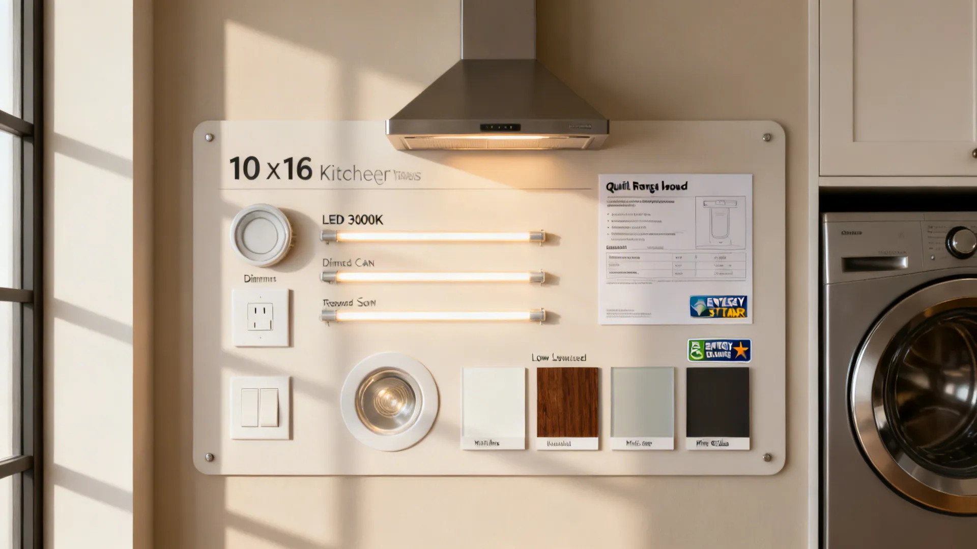 Flatlay of 3000K LED strips, dimmer, recessed trims, quiet hood specs, and finish swatches.