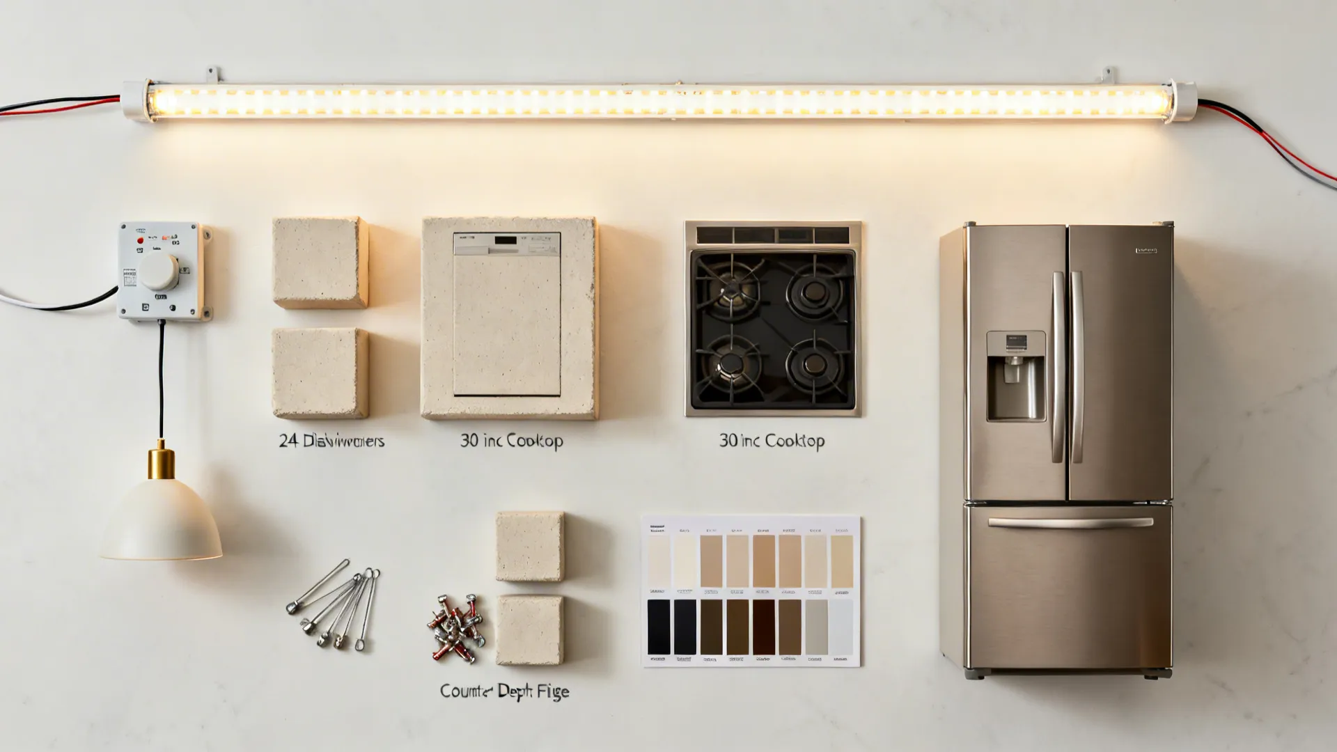Flat lay of warm LED strips, dimmer, pendant sample, and compact appliance size blocks.