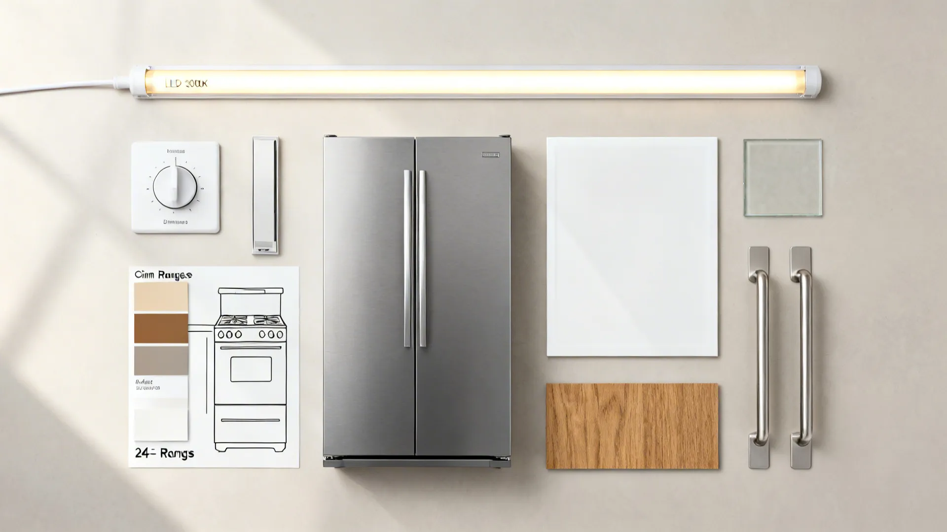 Top-down kit with warm LED strip, dimmer, slim appliance finishes, and glass backsplash sample.