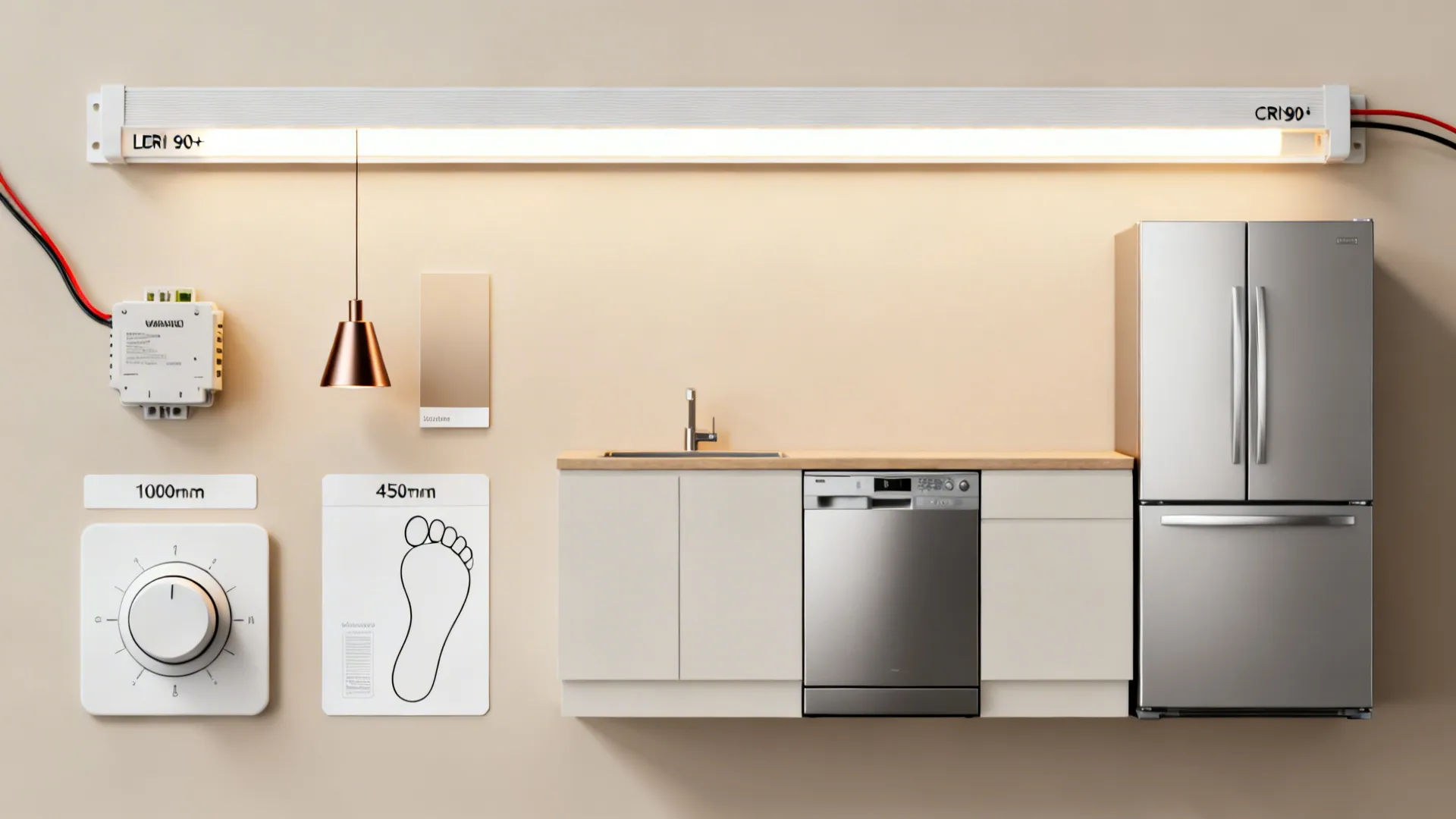 Flat lay of LED lighting components and scaled appliance footprints for a compact kitchen.