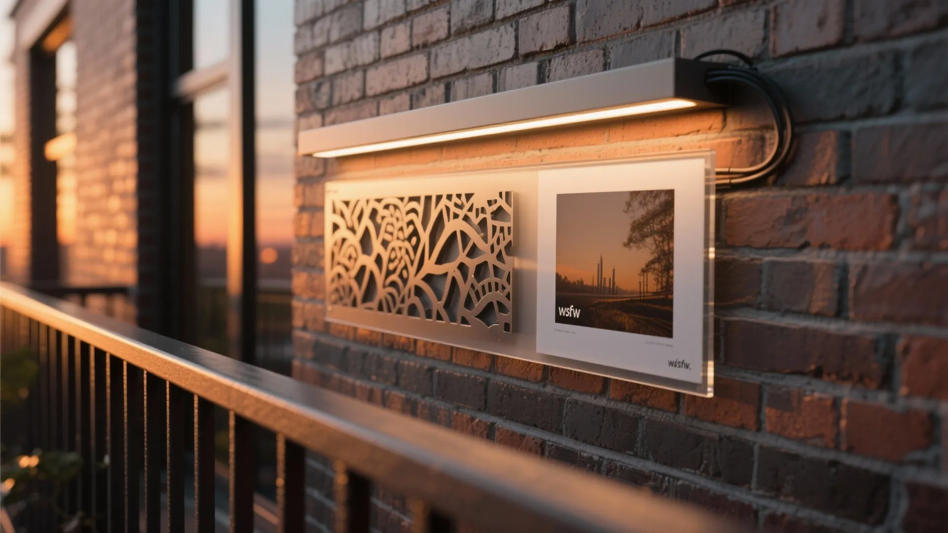Modern outdoor wall light illuminating a decorative art panel and framed photo on brick wall