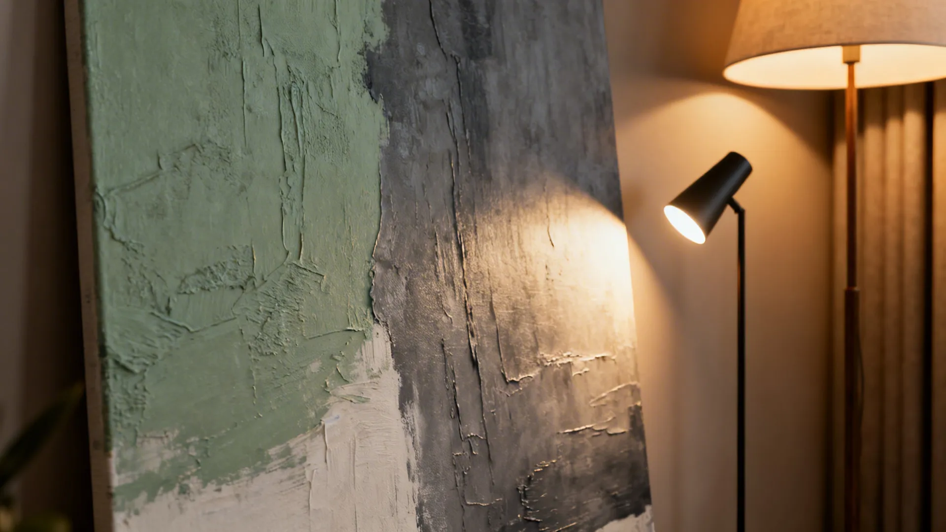 Warm accent lighting illuminating abstract art with sage and grey tones