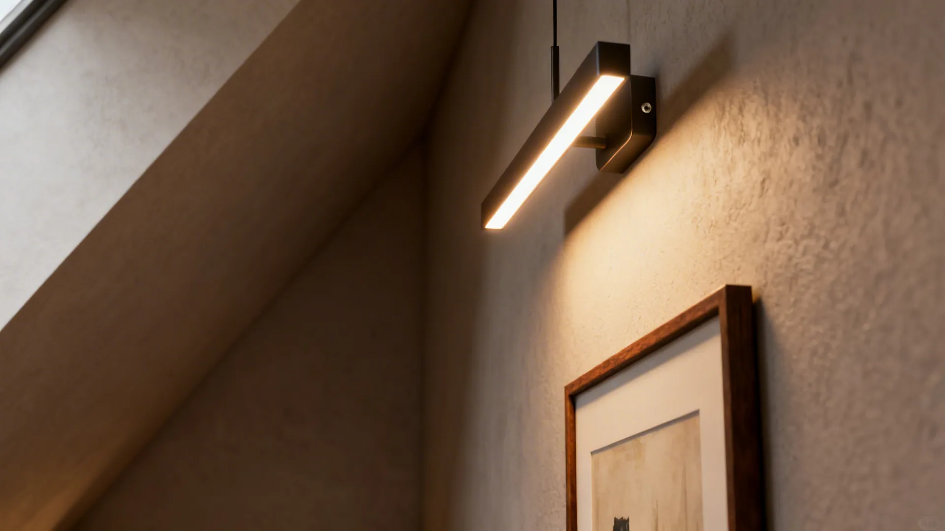 Close-up of a linear pendant and frame edge aligned to the longest wall with warm light.