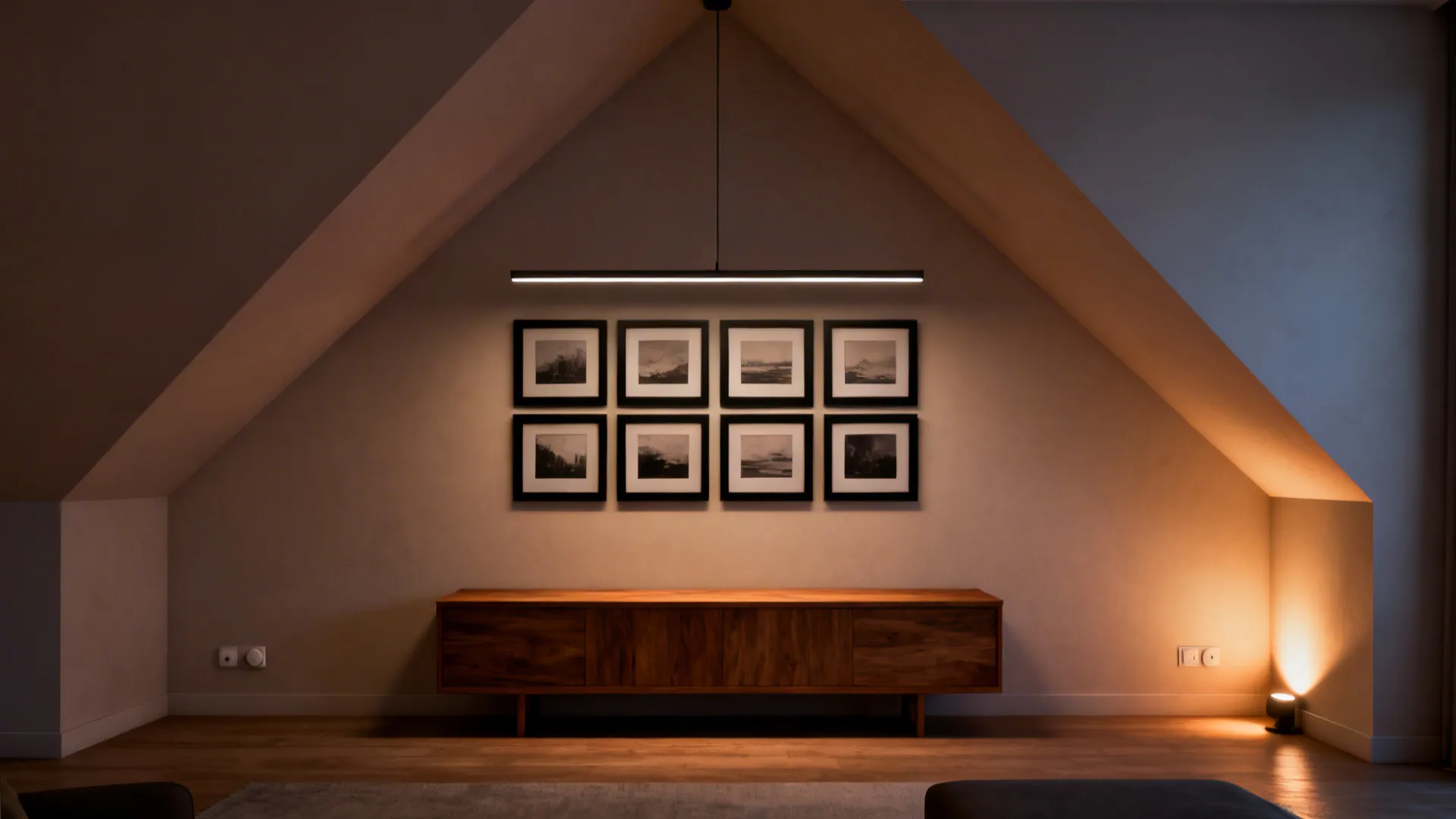 Triangle room with a linear pendant, wall-washer in the corner, and a balanced art grid above a console.