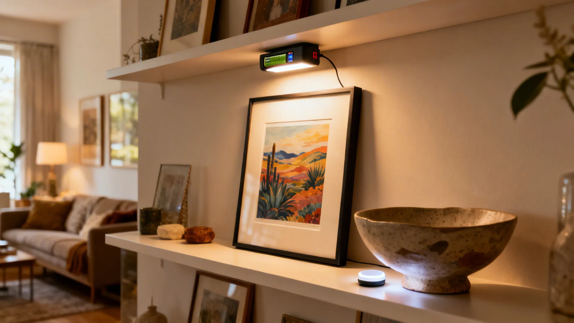 Shelf vignette with framed art, picture light above, and a subtle LED puck below.