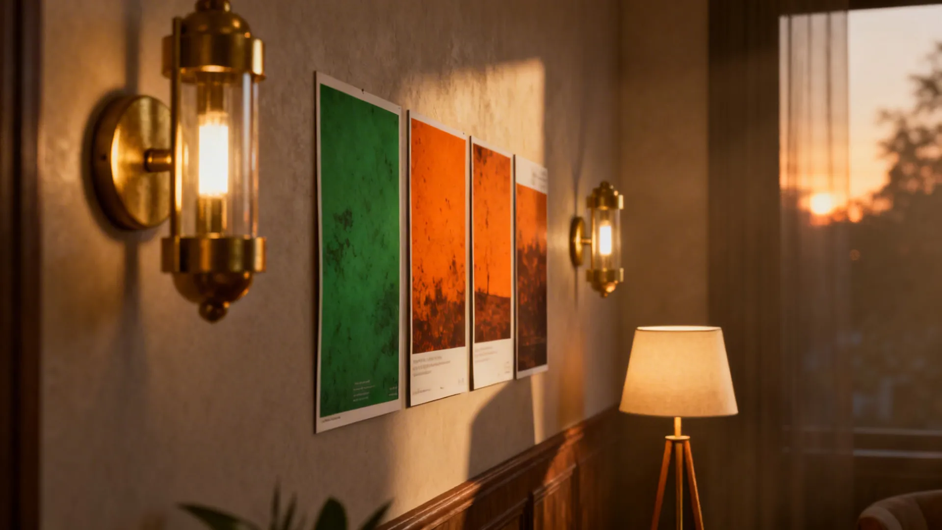Warm adjustable lighting and artwork in matching green and burnt orange tones unify the room.