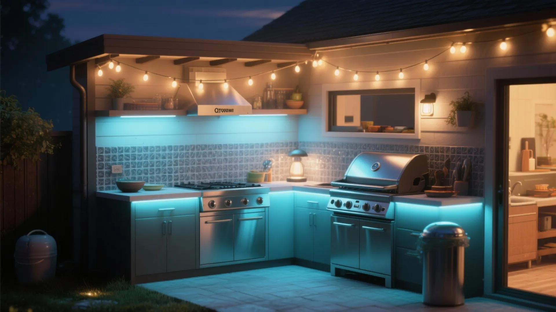 Modern outdoor kitchen at night featuring blue counter lights string lights grill and cabinets layout