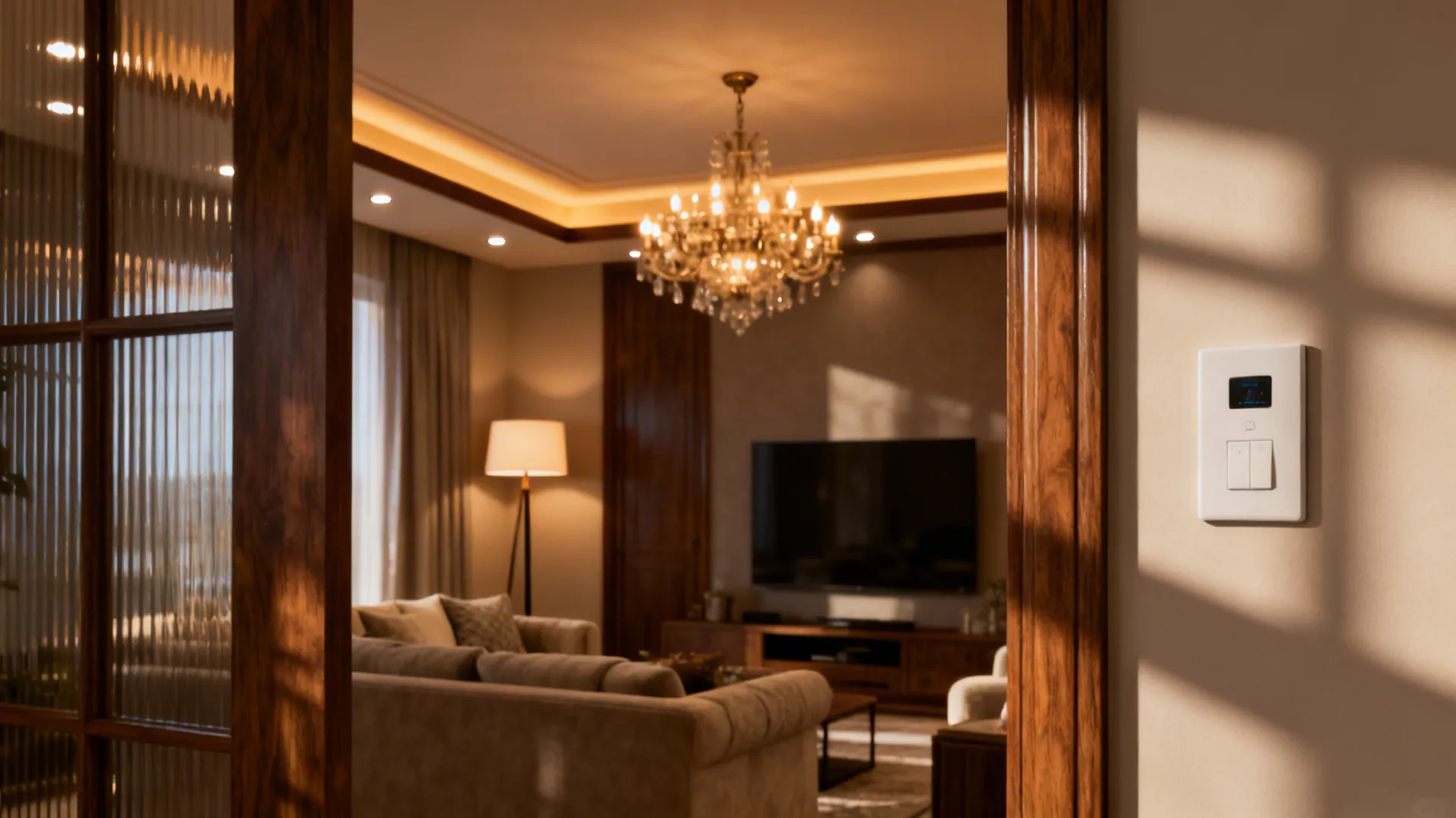 Layered lighting showing chandelier, floor lamp, and recessed dimmable lights across living and family zones.