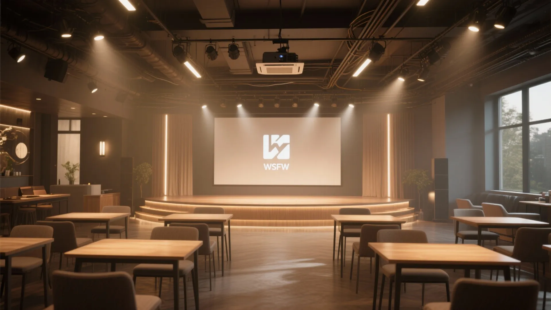 Large event hall with wooden tables and chairs facing a stage with a white screen