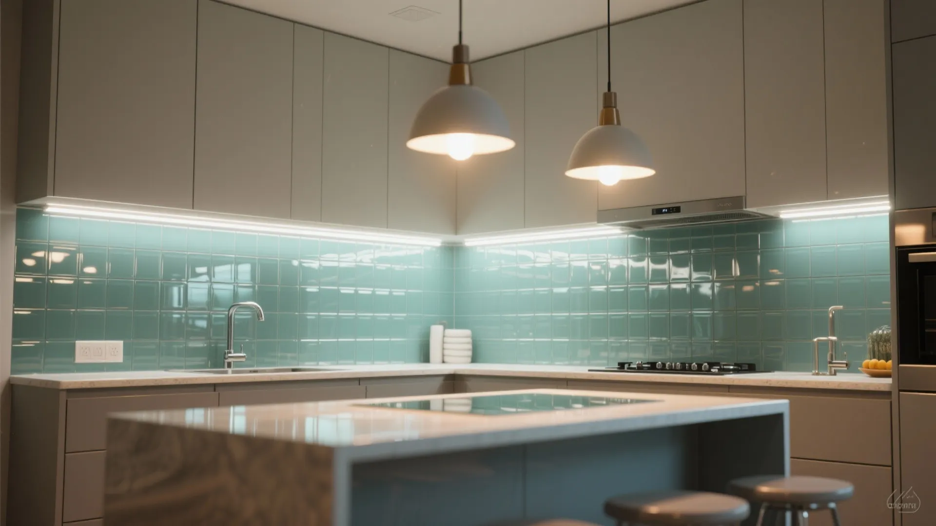 Modern kitchen with green wall tiles grey cabinets white countertops and two hanging white ceiling lights