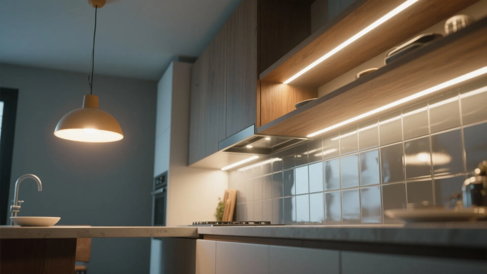 4. Lighting layers and reflective backsplashes