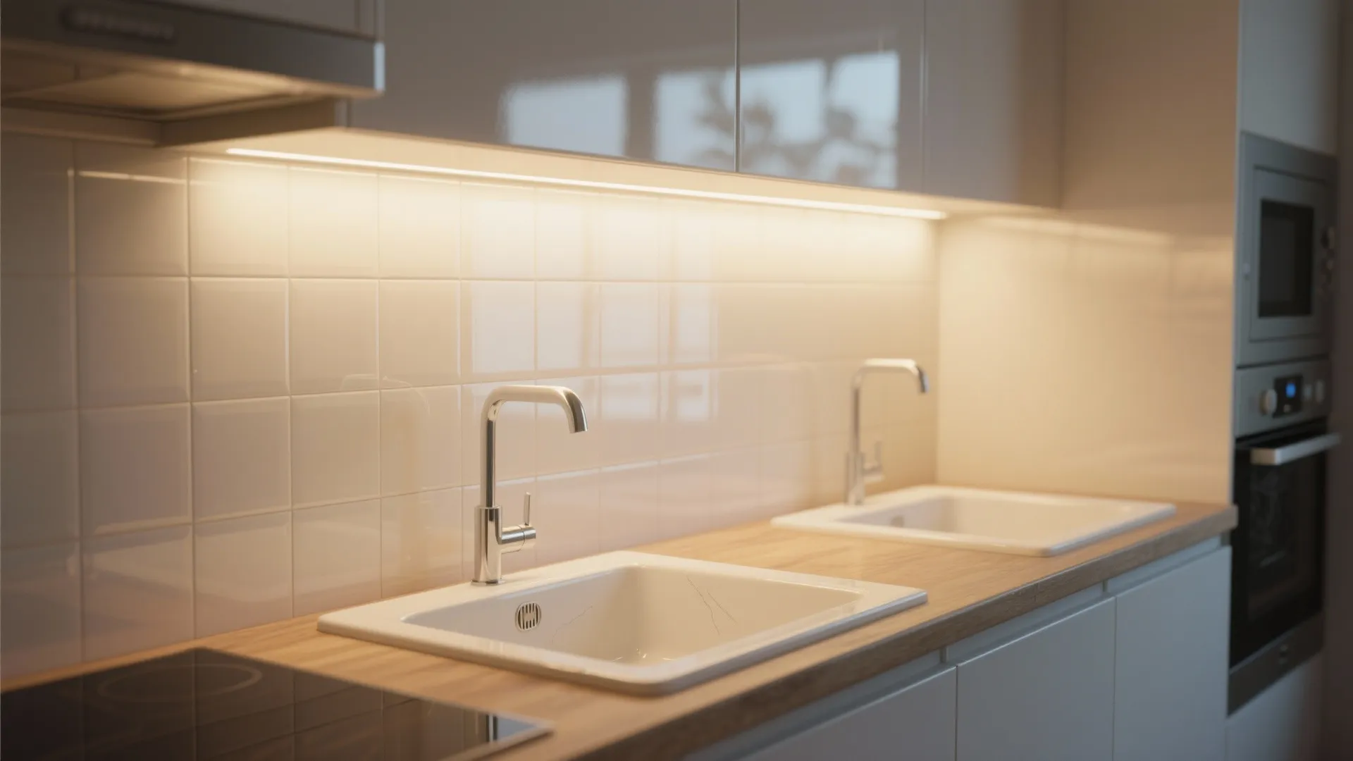 5. Layer lighting and reflective backsplashes to enhance white tones