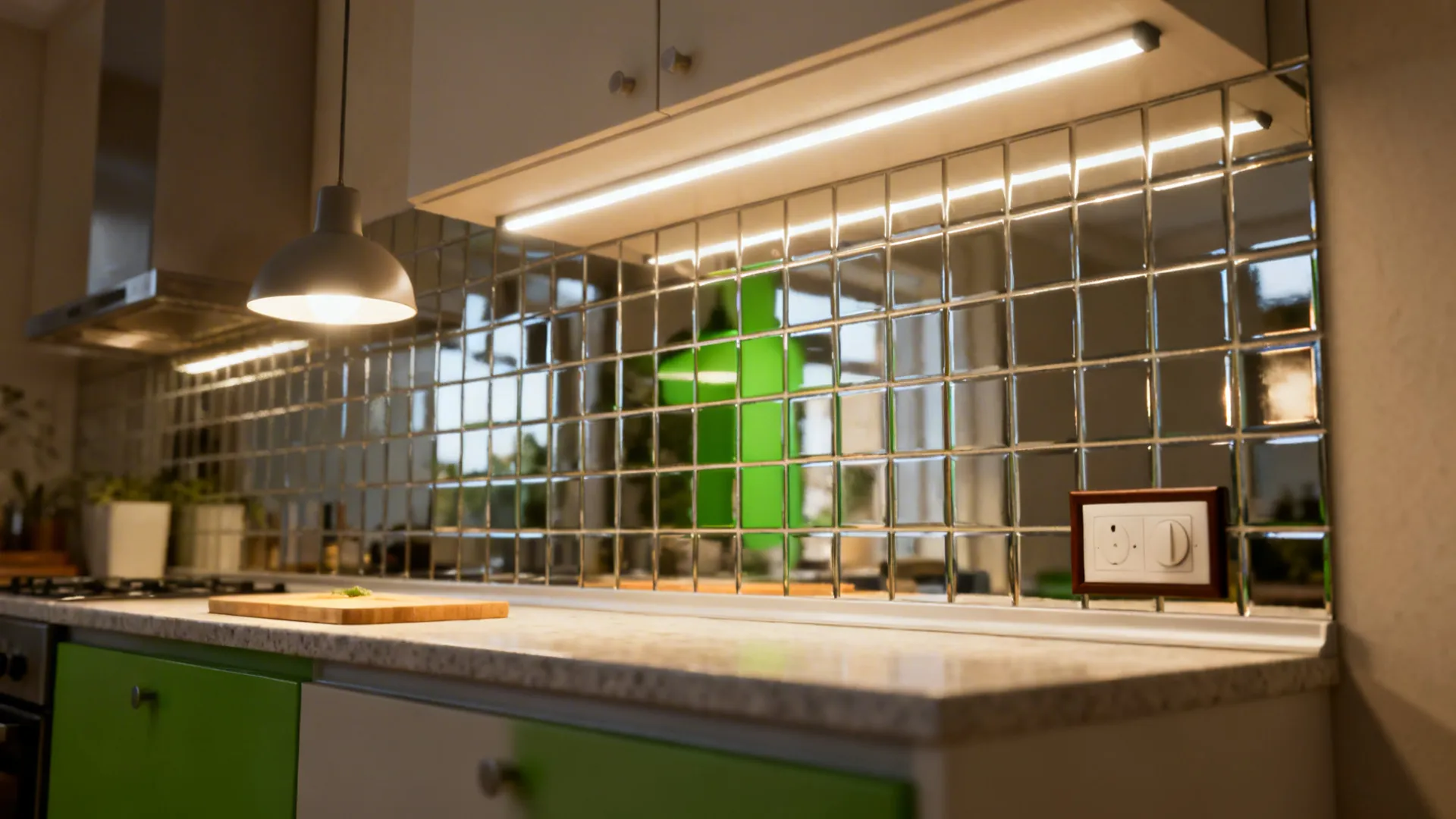 Under-cabinet LED strip lighting and glossy mirror tile backsplash expanding a small kitchen visually.