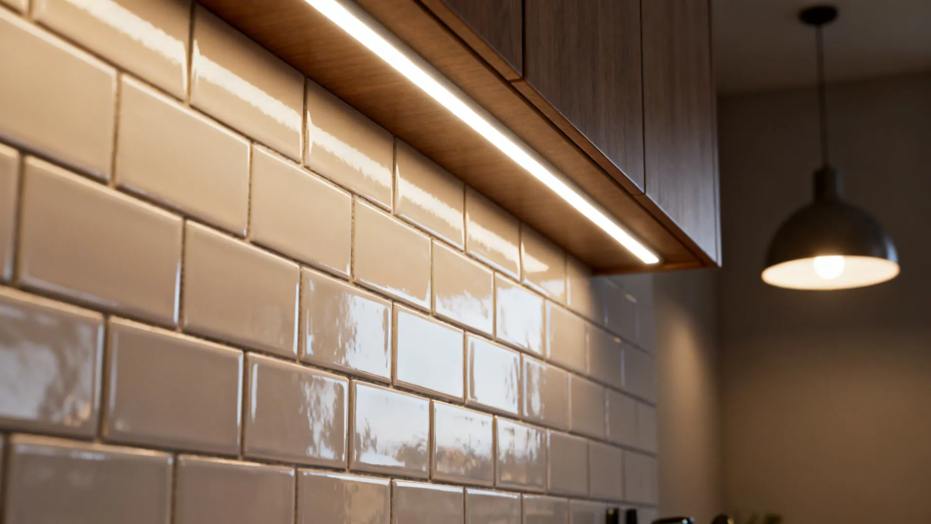 Under-cabinet LED light casting warm glow on glossy subway tile backsplash with subtle reflections