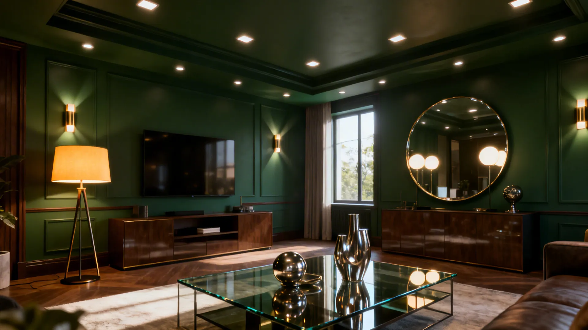 Living room demonstrating layered lighting and reflective accents to balance dark tones.