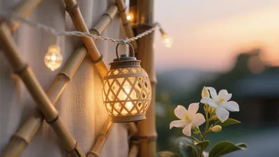 Boho Outdoor Lantern Setting with Bamboo & White Flowers