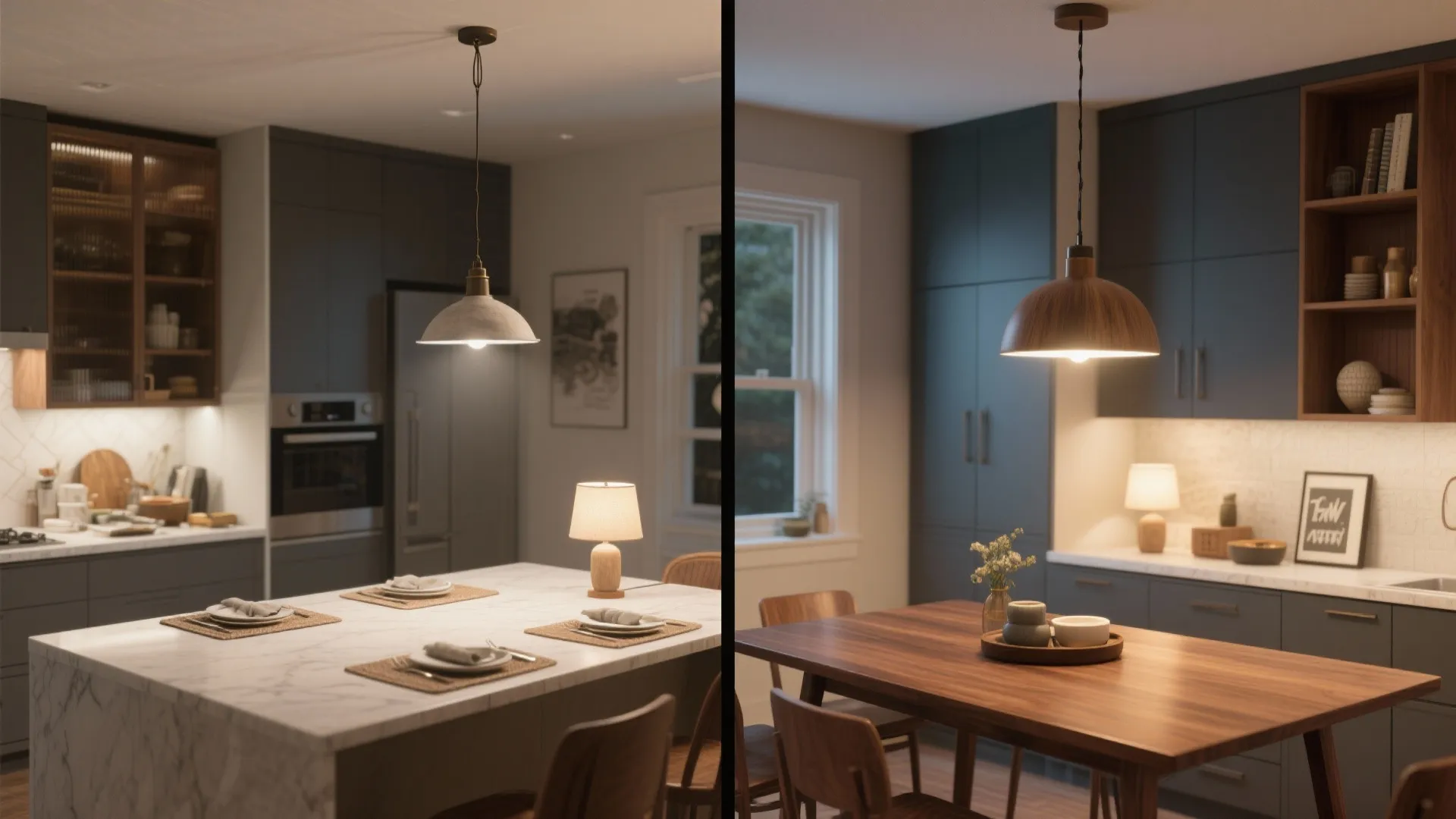 Before and after comparison of kitchen lighting showing different styles of hanging ceiling light fixtures