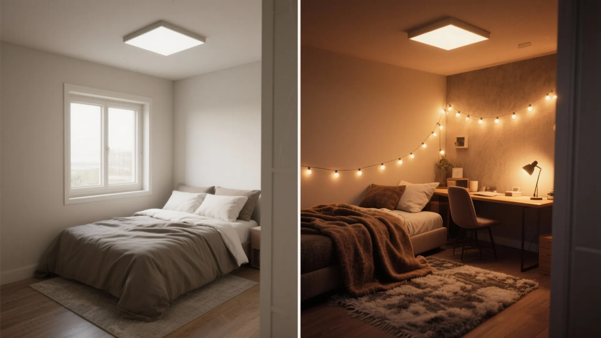 Before and after comparison of bright natural bedroom lighting versus warm cozy evening string light atmosphere