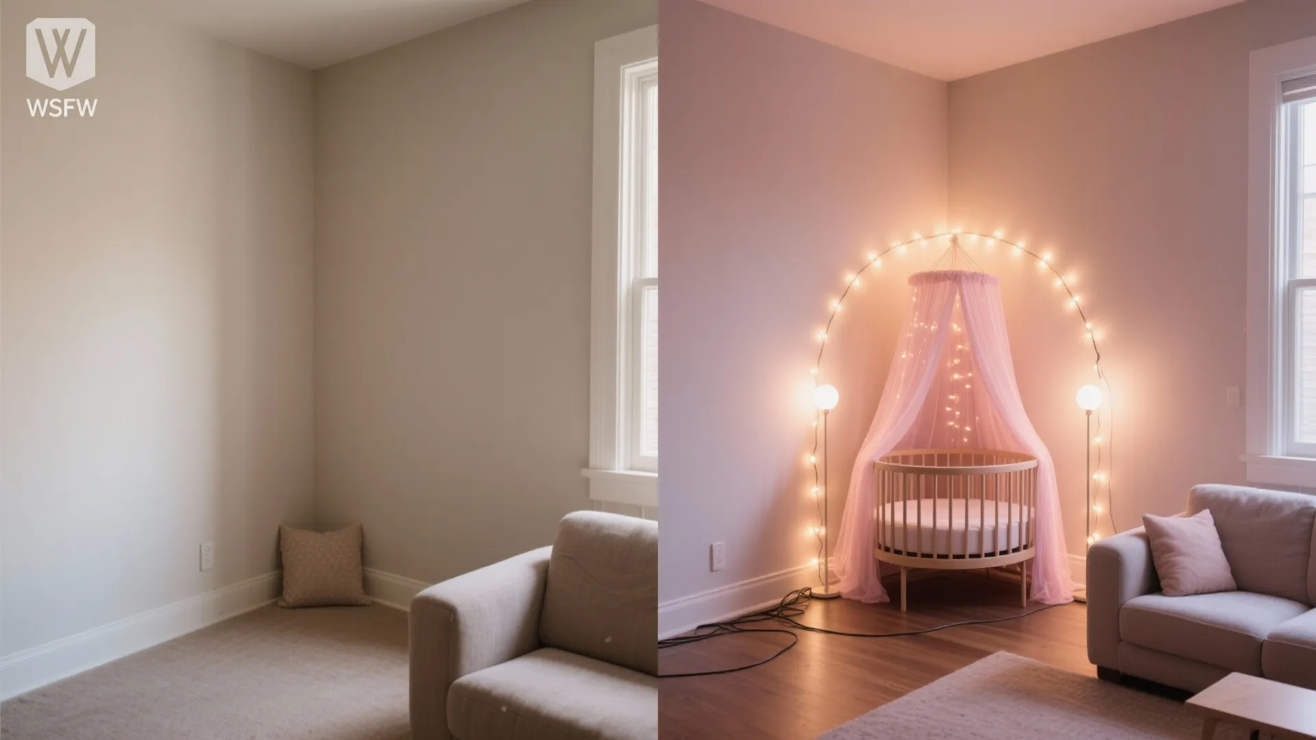 Before and after comparison of an empty room corner versus a nursery with fairy lights