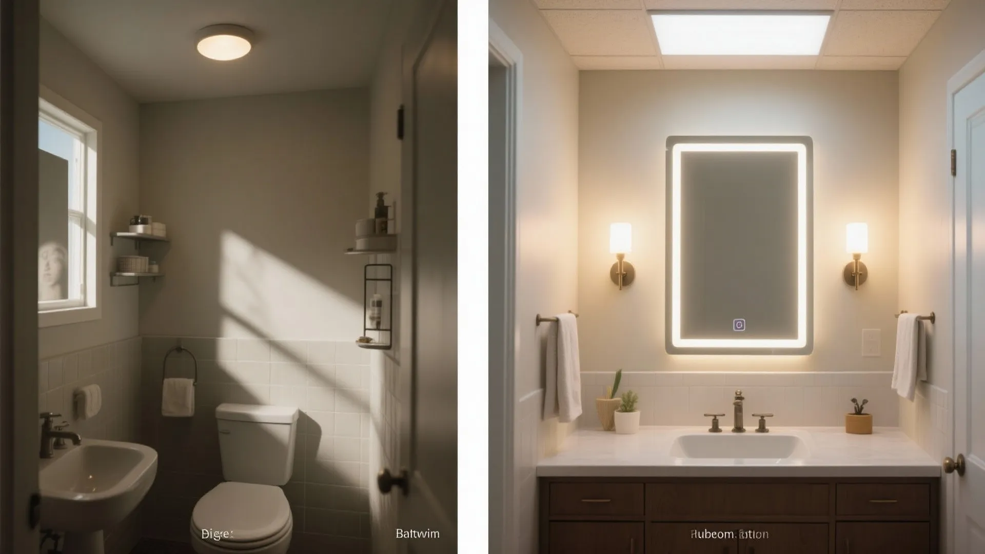Before and after comparison of bathroom lighting showing a dark room versus a bright modern vanity