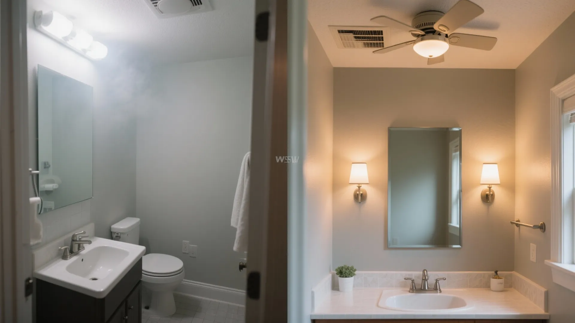 Before and after comparison of bathroom lighting showing dim bulbs versus bright warm wall lights