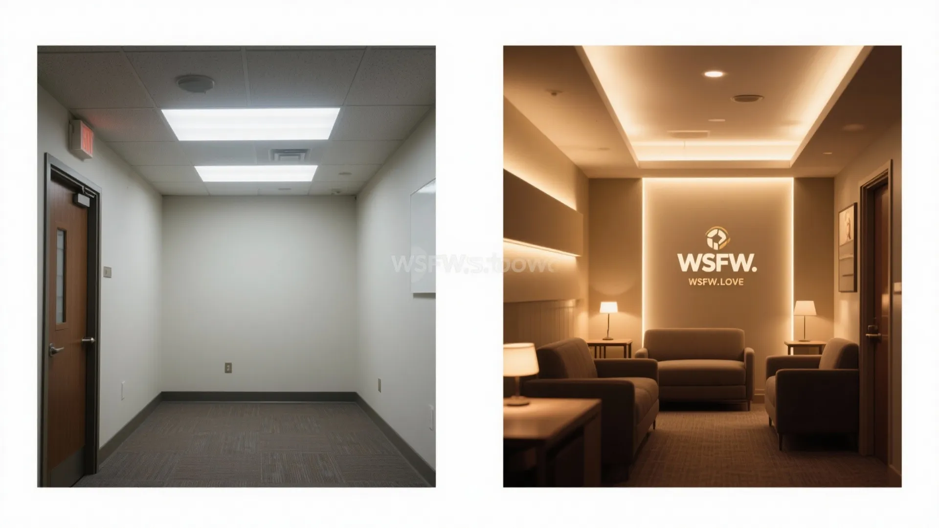 Before and after comparison showing plain office space versus cozy lounge with warm yellow lighting