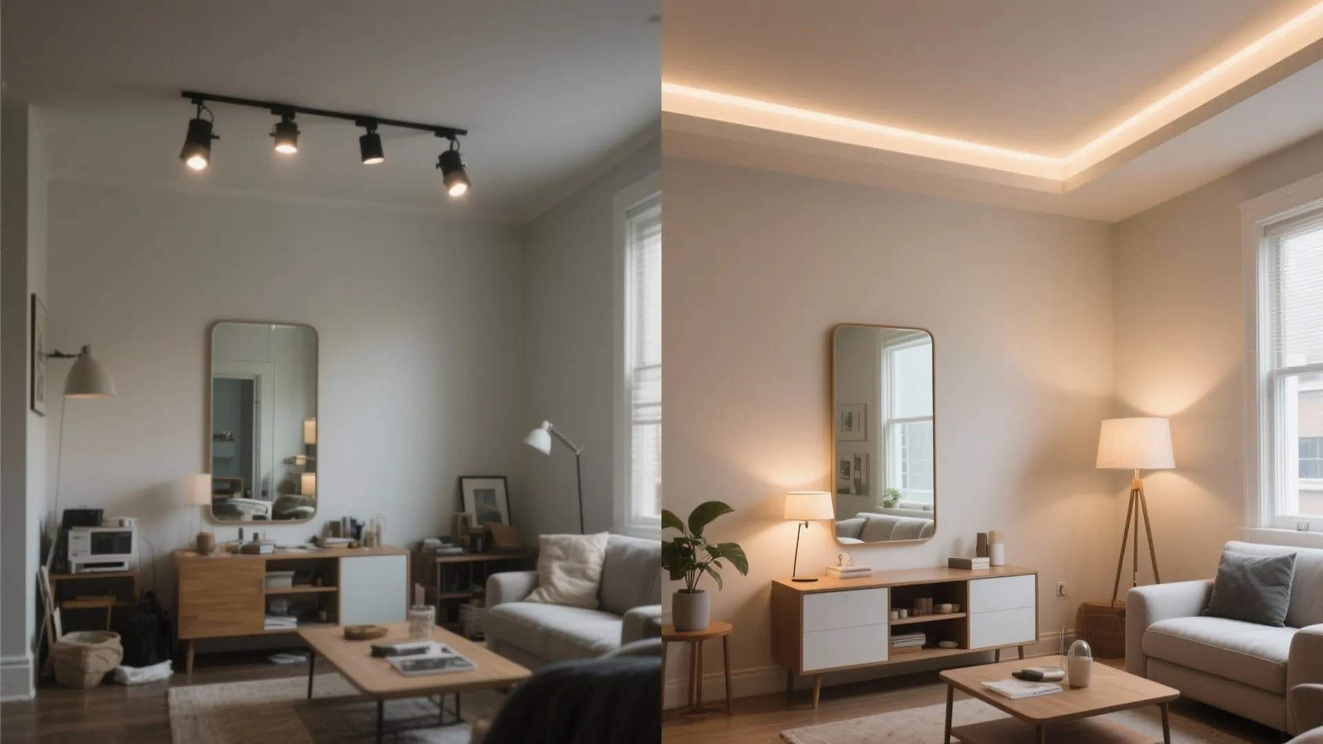 Light layering and mirror strategy for visual expansion