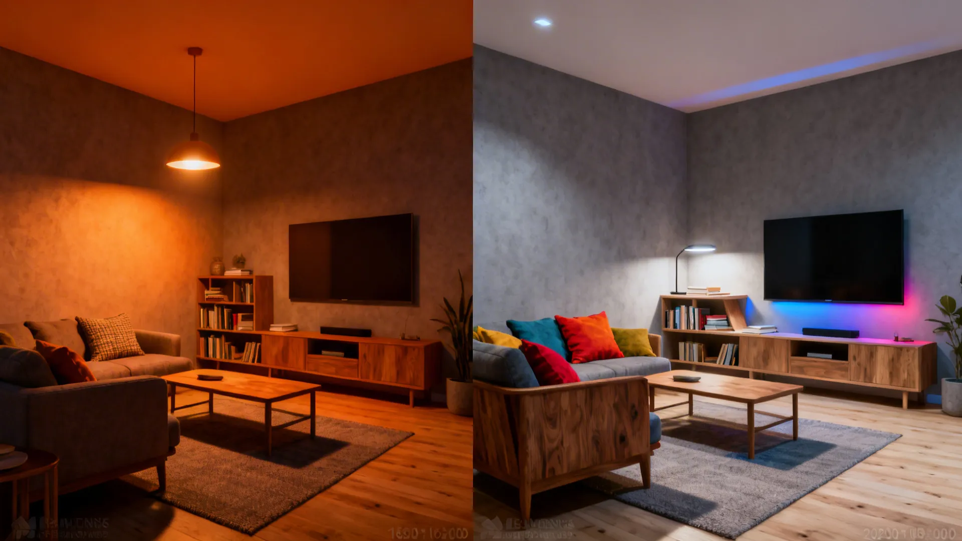 Before-and-after of a small living room showing the effect of layered lighting versus a single warm bulb.