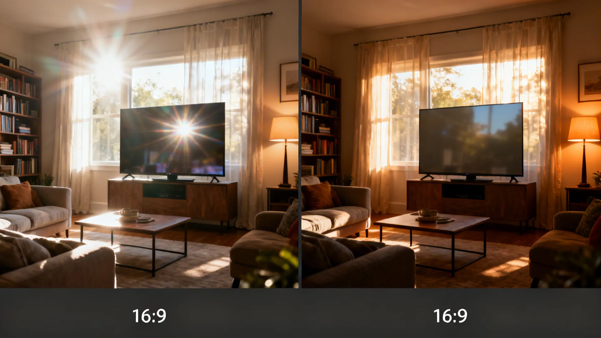 Before-and-after of a living room showing TV reflections in bright light versus controlled lighting with anti-glare.