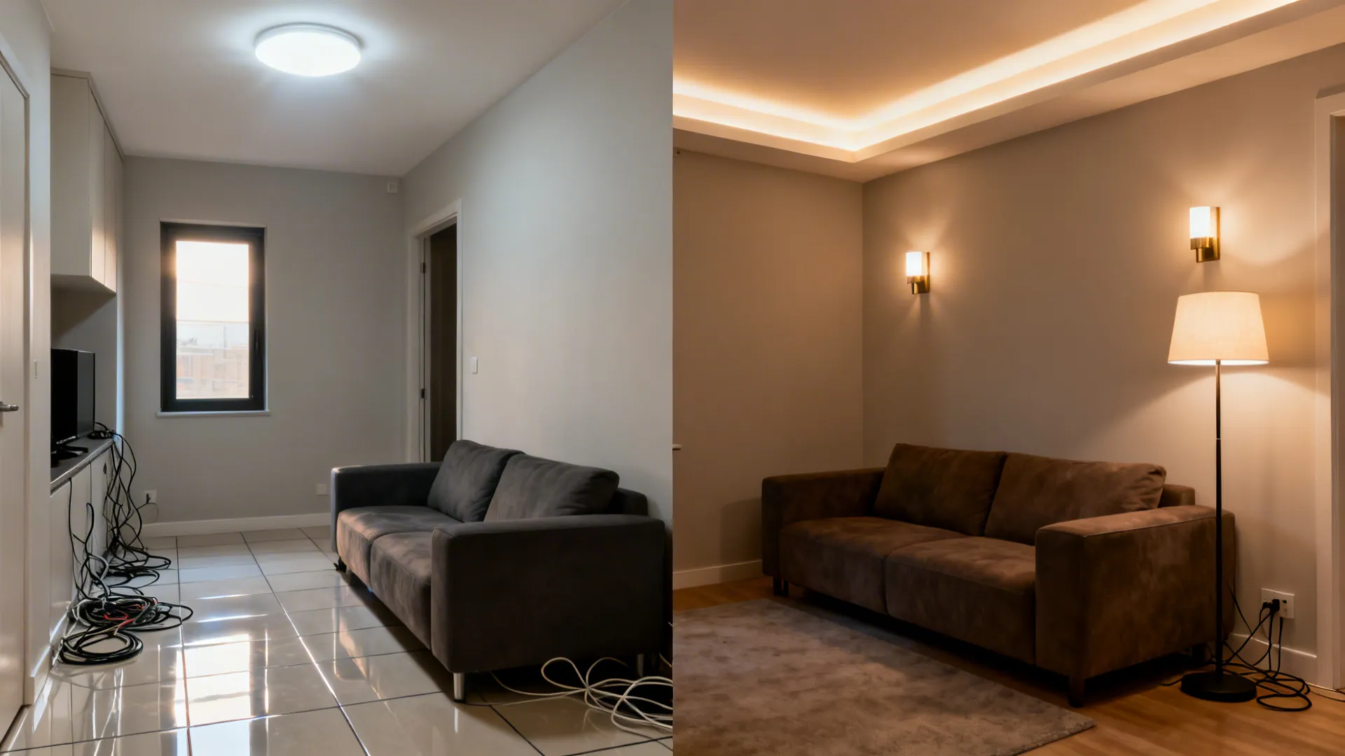 Before-and-after comparison showing single ceiling light versus layered lighting with warm ambience and hidden cables.