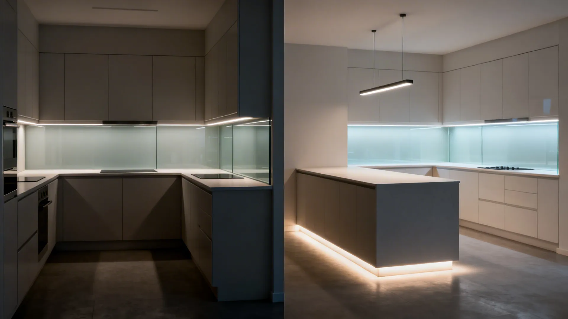 Split view of a small kitchen before and after layered lighting with task strips, pendant, and toe-kick glow.