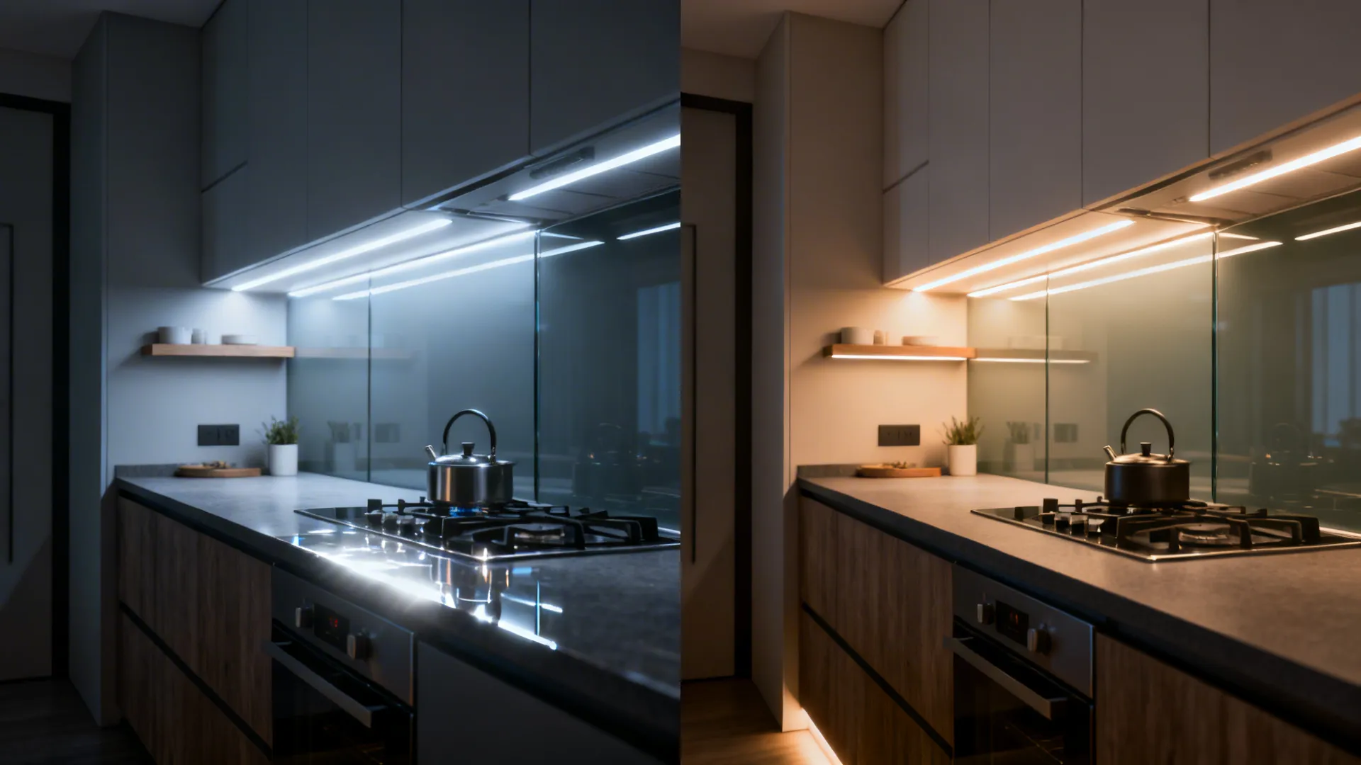 Before and after comparison showing cool white cabinet lights versus warm yellow kitchen cabinet lights